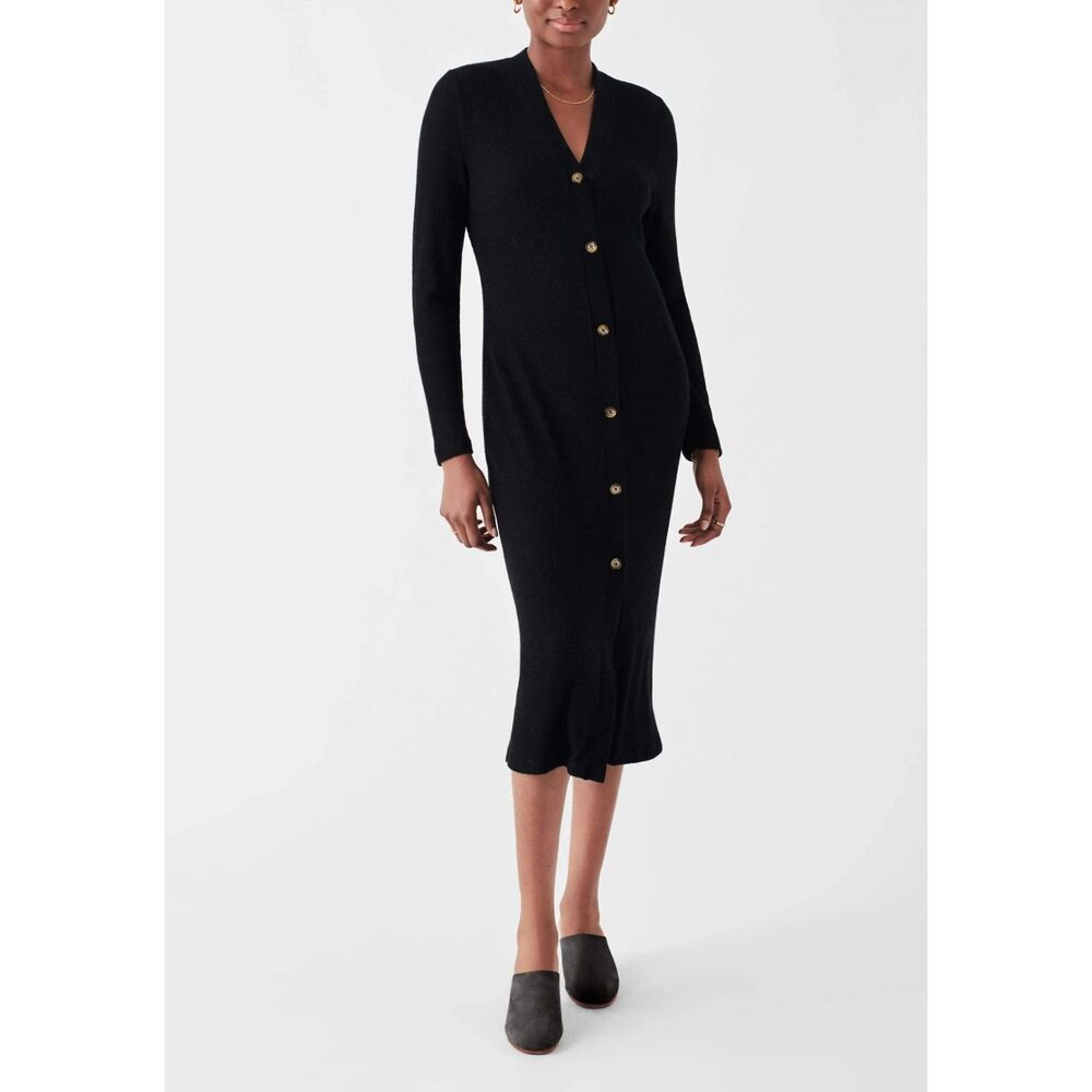 Faherty Womens Legend Sweater Shirt Dress Sz L Black Stripe Button Down Stretch